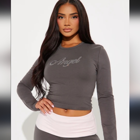 Fashion Nova Charcoal Long Sleeve Top with 'Angel' Detail - Picture 2 of 7